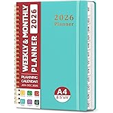 2026 Planner, Weekly and Monthly Calendar Planner, January 2026 - December 2026, Hardcover 2026 Calendar Book with Tabs For Women & Men, Inner Pocket, Spiral Bound, Perfect for Office Home School Supplies - A4 (8.5" x 11"), Aquamarine