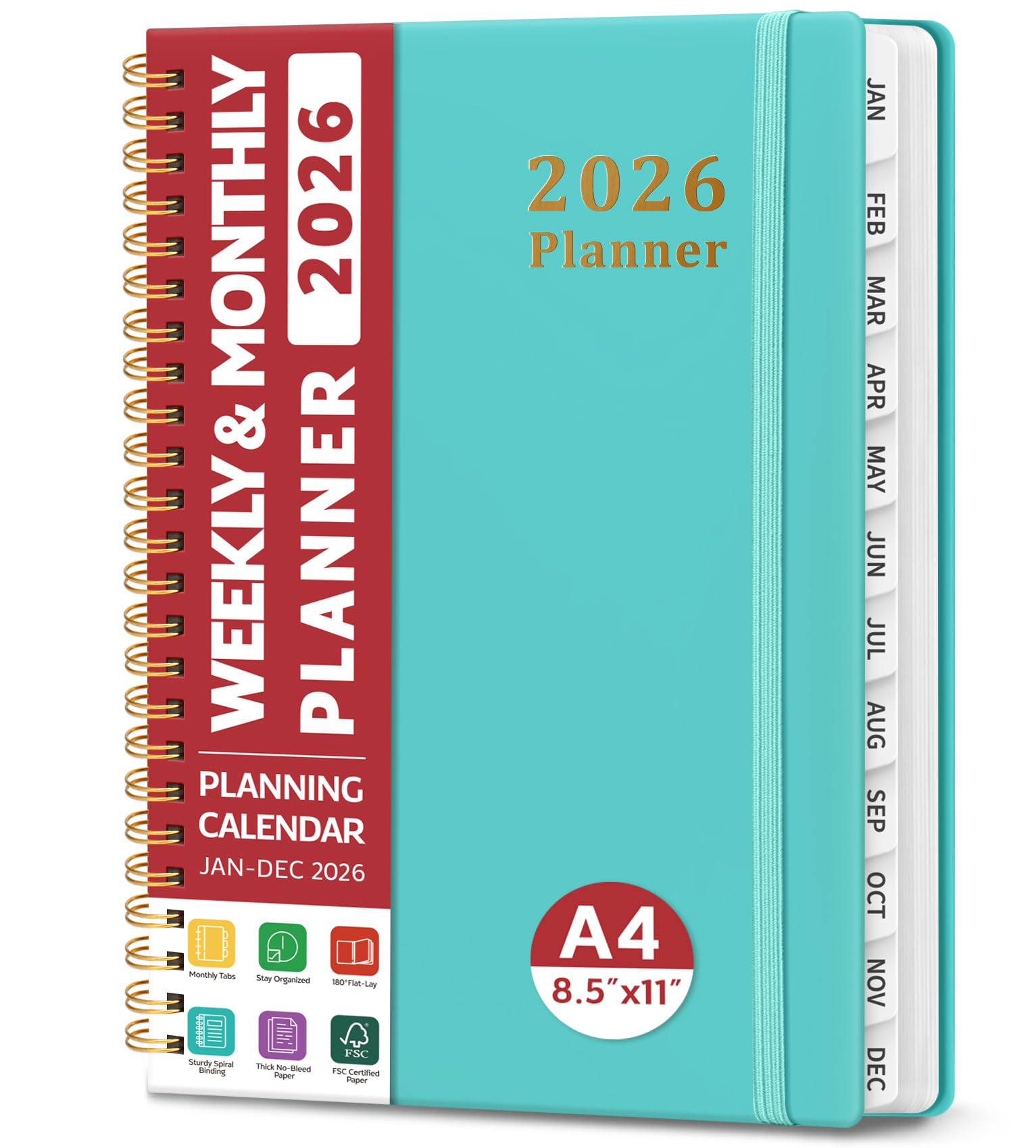 Photo 1 of 2026 Planner, Weekly and Monthly Planner, January 2026 - December 2026, Hardcover 2026 Calendar Planner Book with Tabs For Women & Men, Inner Pocket, Spiral Bound, Perfect for Office Home School Supplies - A4 (8.5" x 11"), Aquamarine