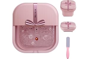 VIVIYA Collapsible Foot Bath Spa with heat and Massage Rollers, Foldable Foot Soak Tub with Bubbles Jets and LED light, Pedicure Foot Spa Massager with Foot Scrubber for Home Use (Pink)