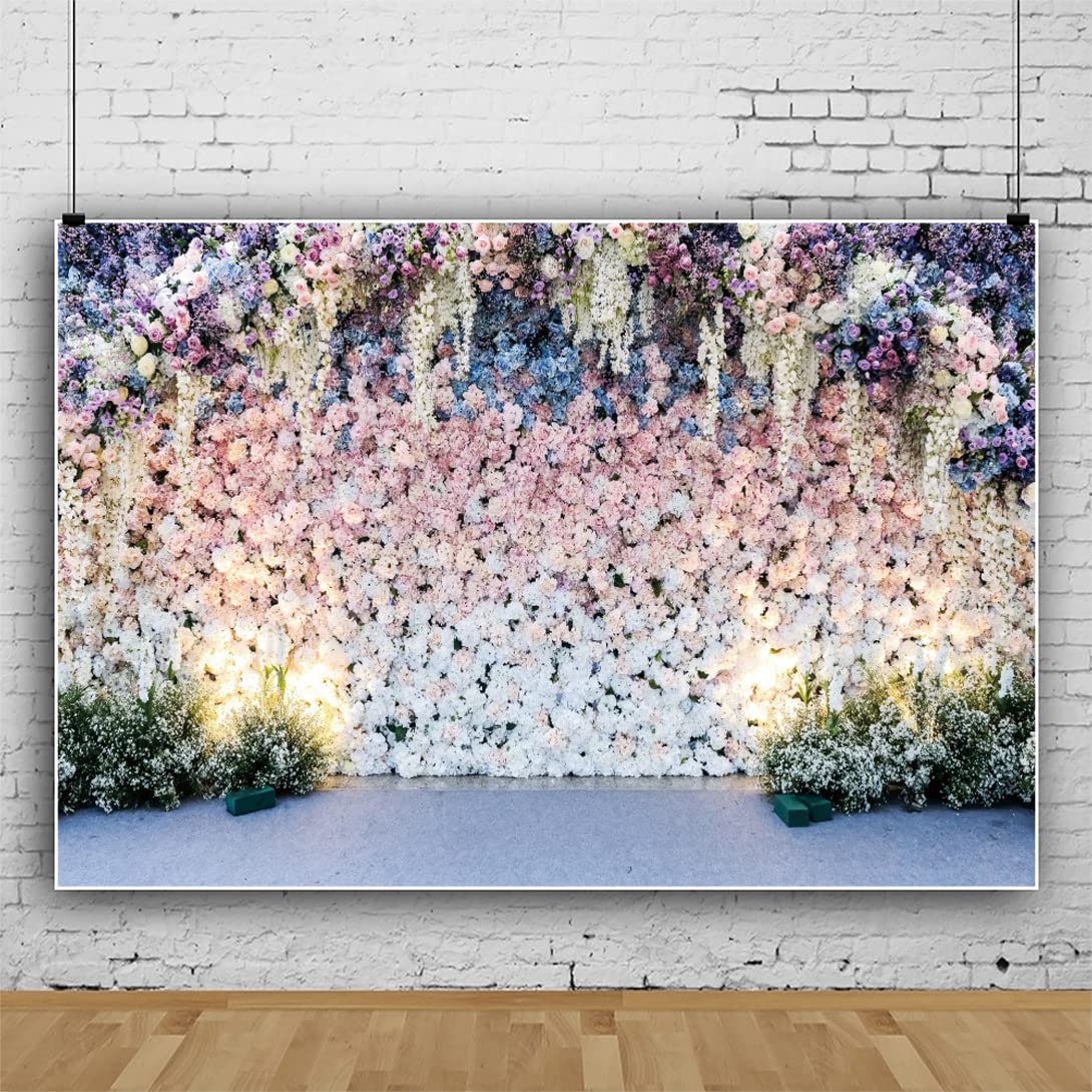 Bovlleetd 8x4ft Romantic Flower Wall Backdrop Blue Pink White Roses Lightting Lamp Photography Background Wedding Proposal Ceremony Banner for Party Decoration