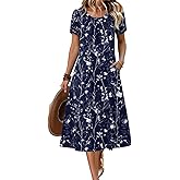 Zeagoo Womens Casual Summer Dress 2026 Petal Short Sleeve Dresses with Pleats Midi A Line Flowy Dress Boho Sundress