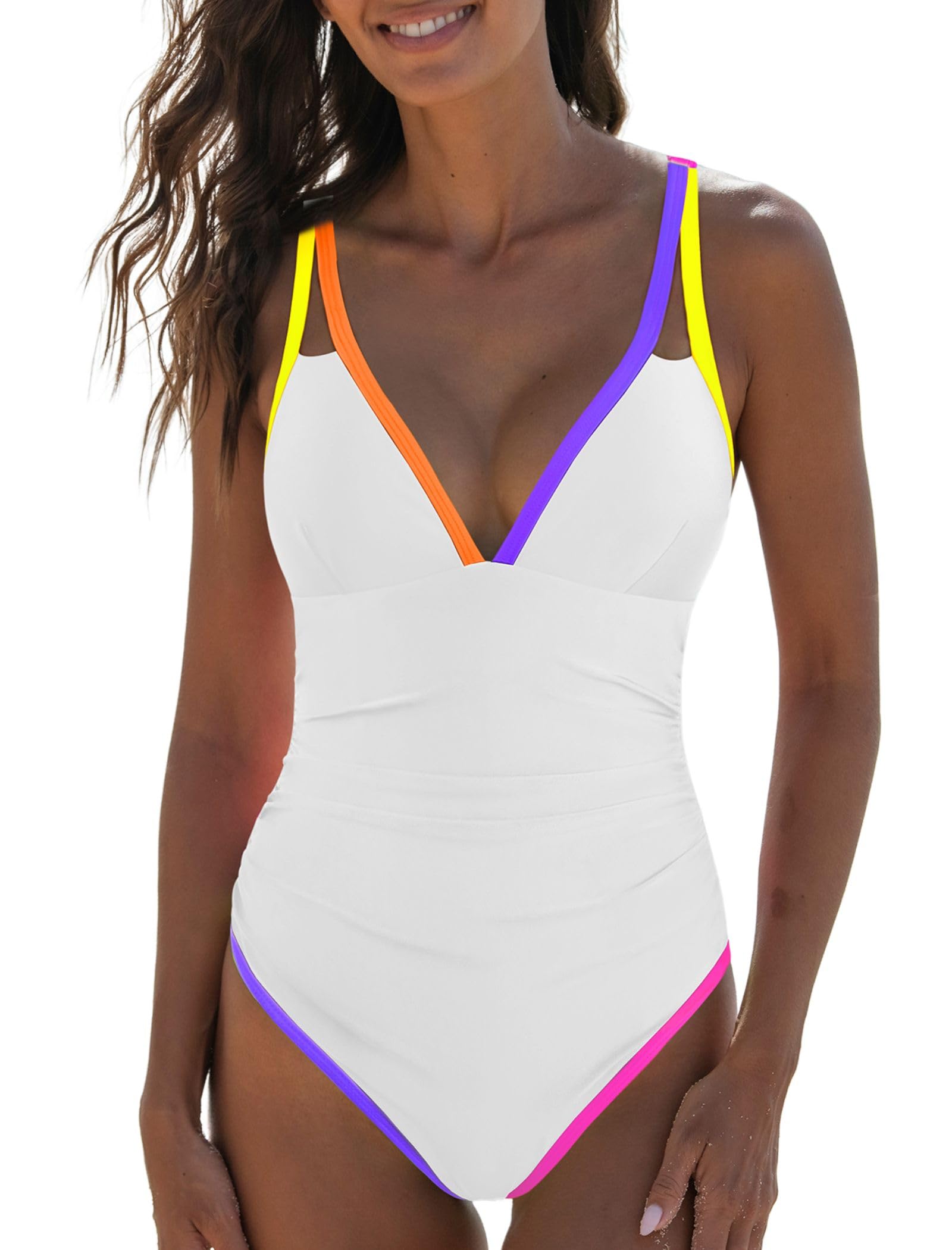 Photo 1 of popvil Women's Tummy Control Swimsuits One Piece Neon Color Block Swimwear Deep V Neck Slimming Bathing Suit White, Medium