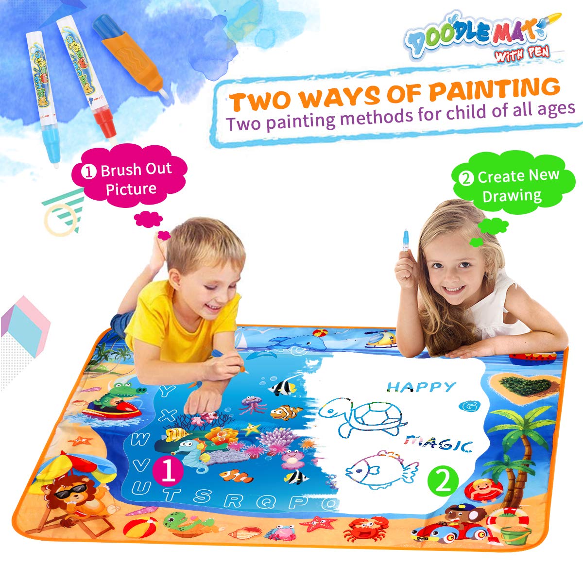 Hommate Water Doodle Mats Drawing Mat Multicolor Large Size 39.3 x 27.6 Inch Sea World Educational Learning Birthday Toys Gifts for 2 3 4 Years Old Girls Boys Tolddlers Kids
