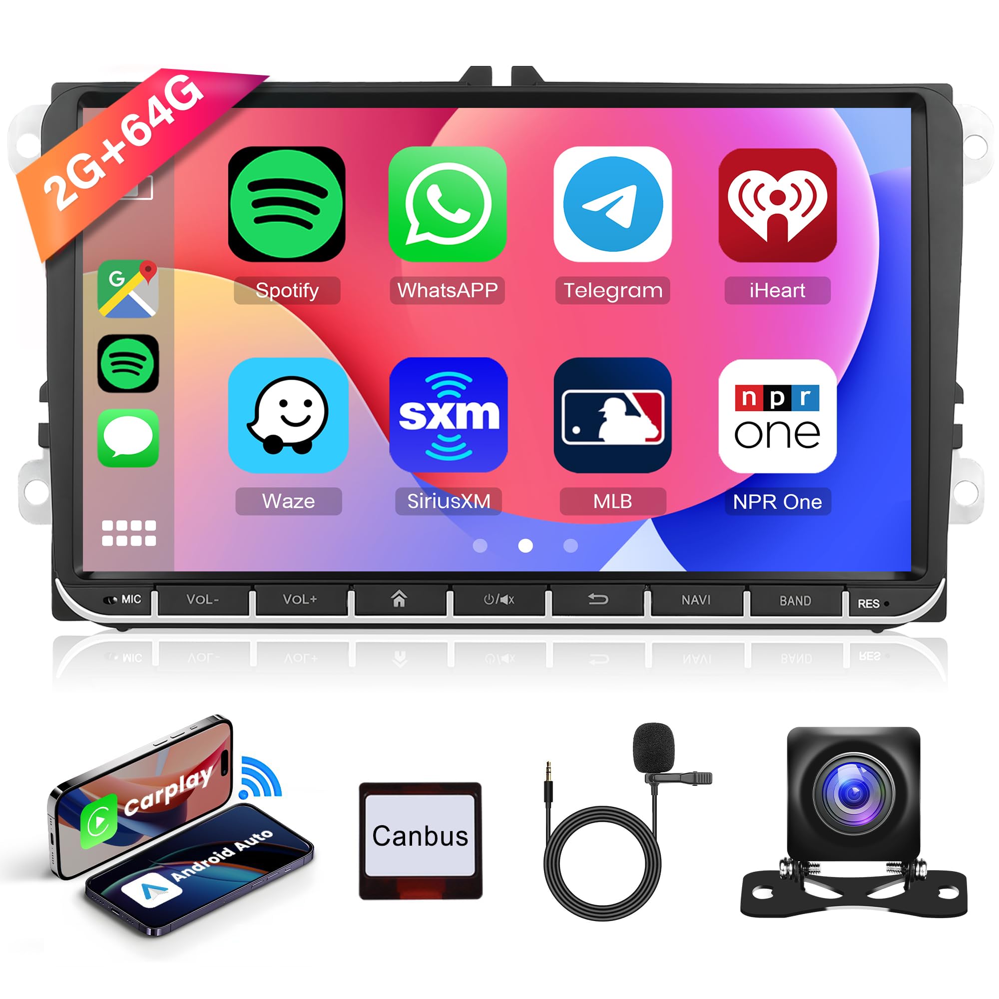 Photo 1 of 2G+64G Carplay Car Radio for VW Passat Jetta Tiguan Golf MK5 MK6 T5 EOS Polo, Rimoody Android 13 Car Stereo HiFi 9 Inch Touchscreen Android Auto GPS Navigation WiFi Bluetooth FM SWC Backup Camera