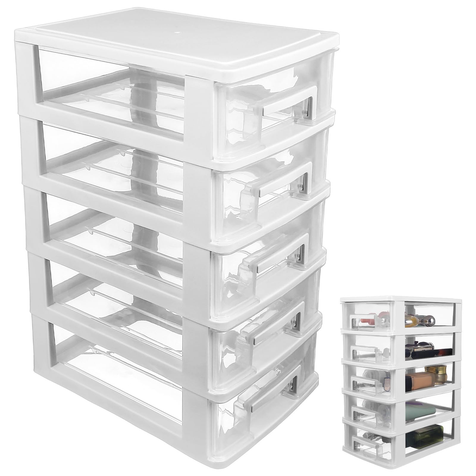 Healeved Plastic Storage Drawers Units - 5 Plastic Storage Drawer Tower, Table Top Organiser for Organizing Office Crafts and Household Items 21.1 X 15.2 X 31.4 cm (White)