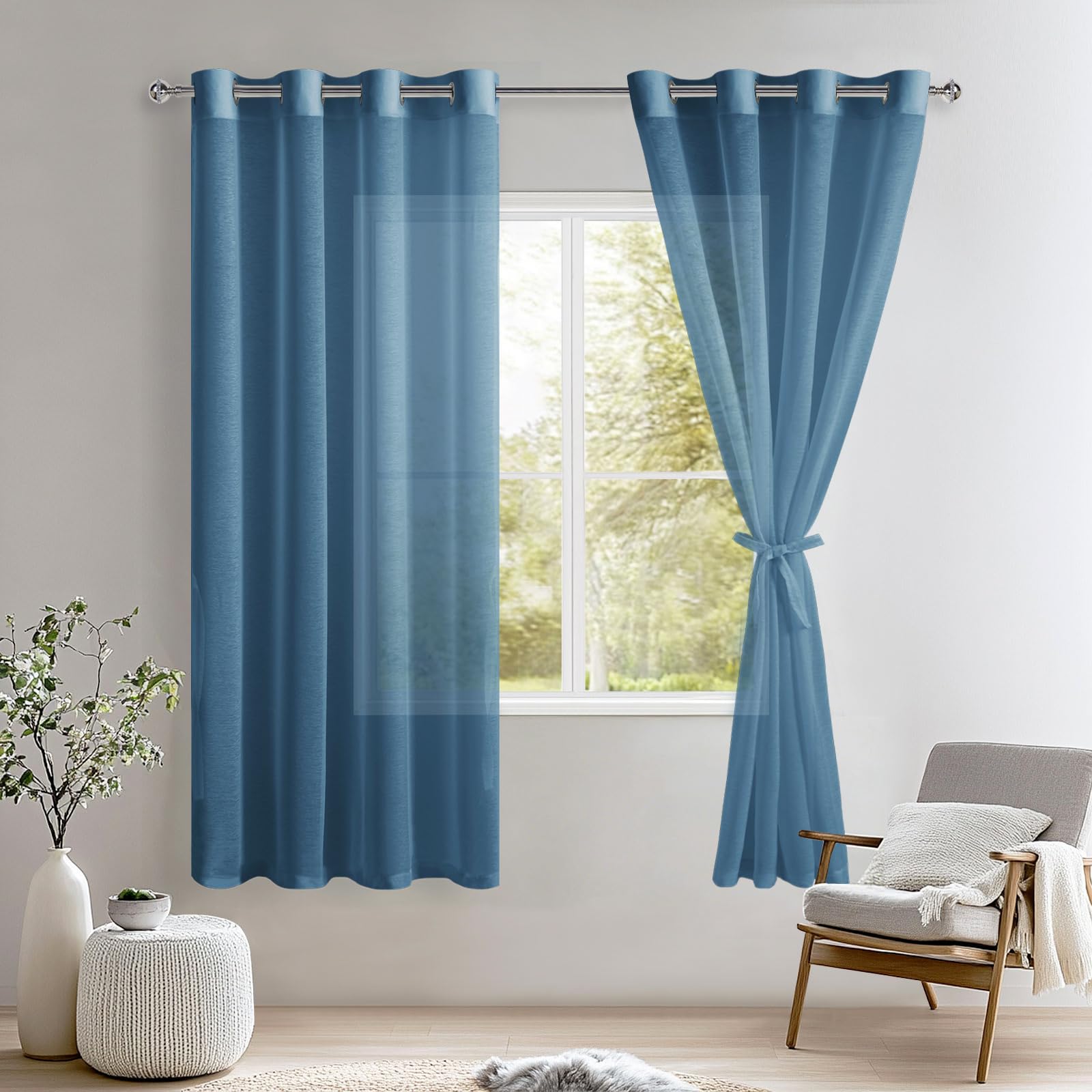 DWCN Blue Sheer Curtains with Tiebacks Semi Transparent Voile Grommet Curtains Elegant Window Curtains for Bedroom and Living Room,2 Panels,W52 x L63