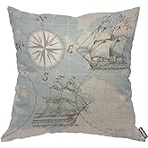 AOYEGO Sea Map Throw Pillow Cover World Compass Sailing Ship Sailboat Travel History Journey Ocean Pillow Case 18x18 Inch Decorative Men Women Room Cushion Cover for Home Couch Bed