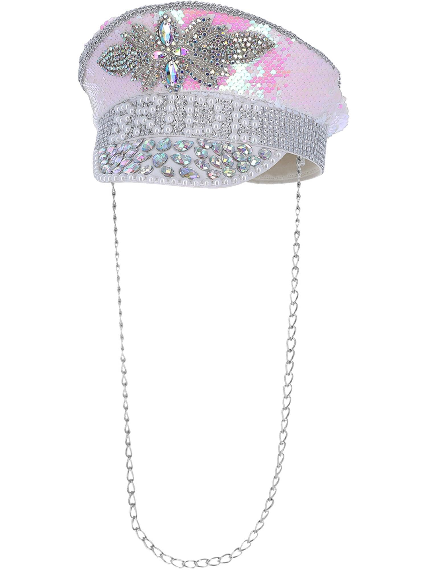Smiffys Fever Deluxe Sequin & Pearl Bride Captains Hat with Chain, Fever Accessories Fancy Dress, Adult Dress Up Hats