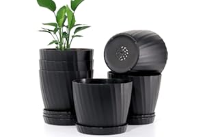 UOUZ 7 Inch Plant Pots Bulk, 6 Pack Plastic Planters with Drainage Holes and Saucers for Indoor Outdoor House Plants and Flowers, Black