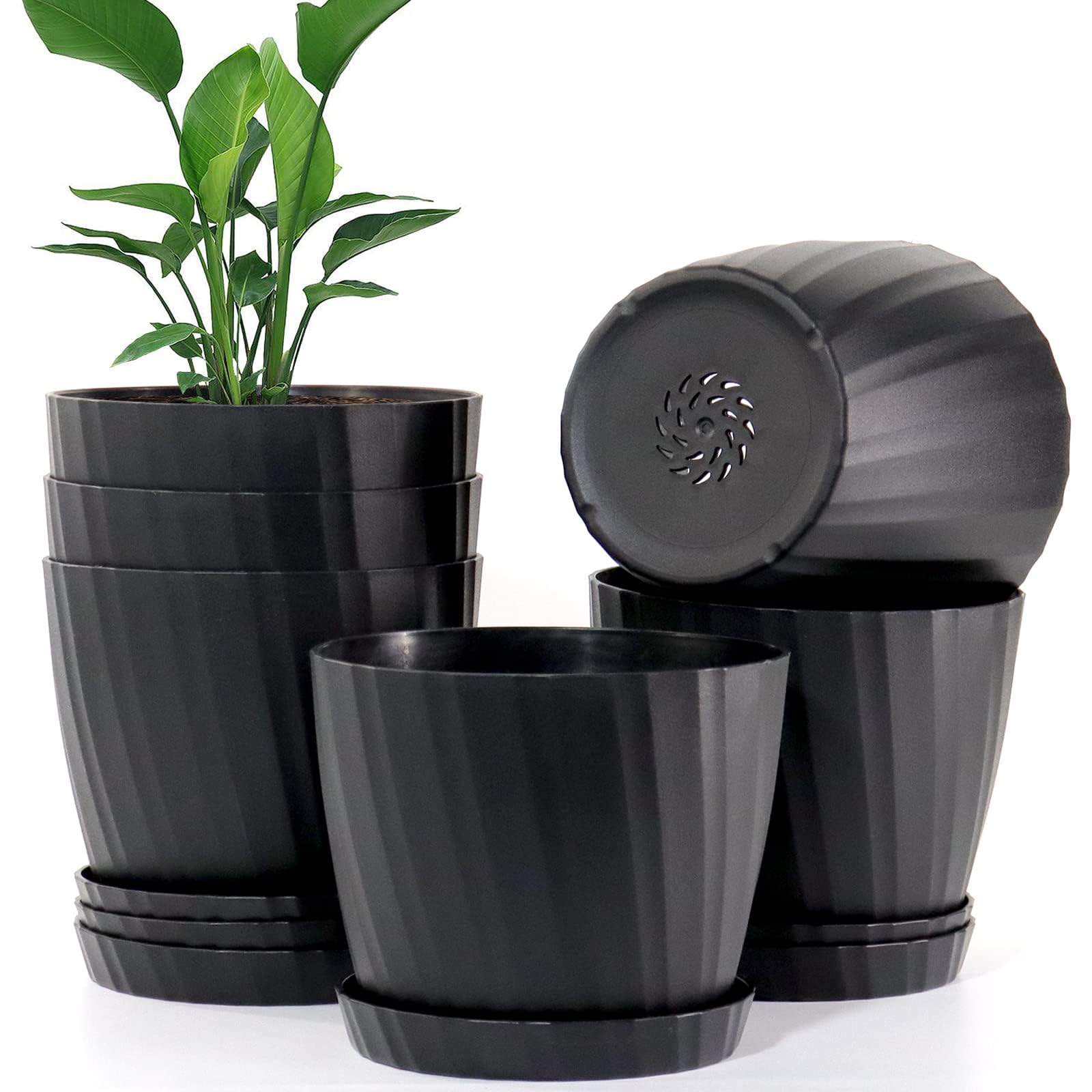 Photo 1 of 7 Inch Plant Pots Bulk, 6 Pack Plastic Planters with Drainage Holes and Saucers for Indoor Outdoor House Plants and Flowers, Black