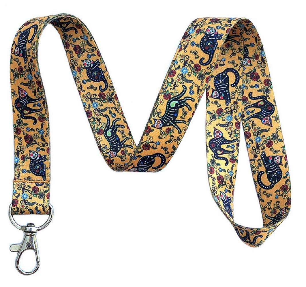 Sugar Skull Cats Print Lanyard Key Chain Id Badge Holder