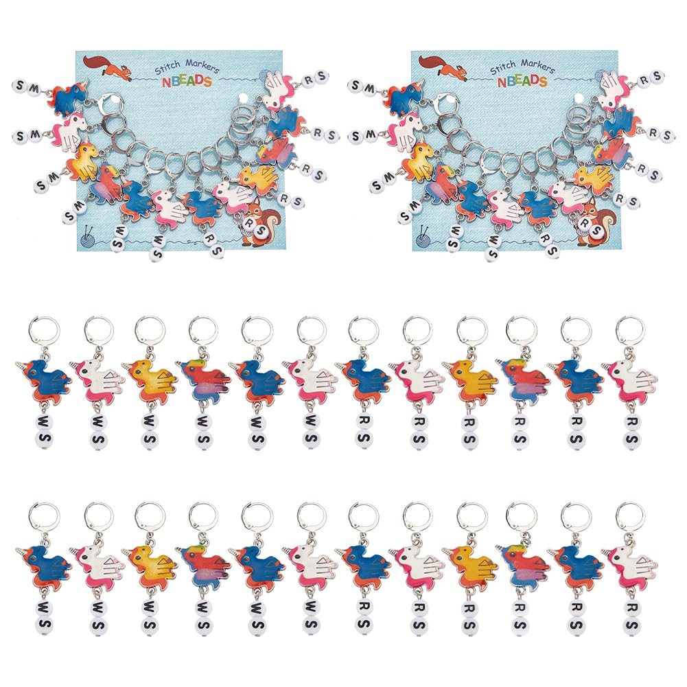 NBEADS 24 Pcs Fairy Horse with Number Stitch Markers, Alloy Enamel Crochet Stitch Marker Charms Locking Stitch Marker with 304 Stainless Steel Leverback for Knitting Weaving Sewing Jewelry Making