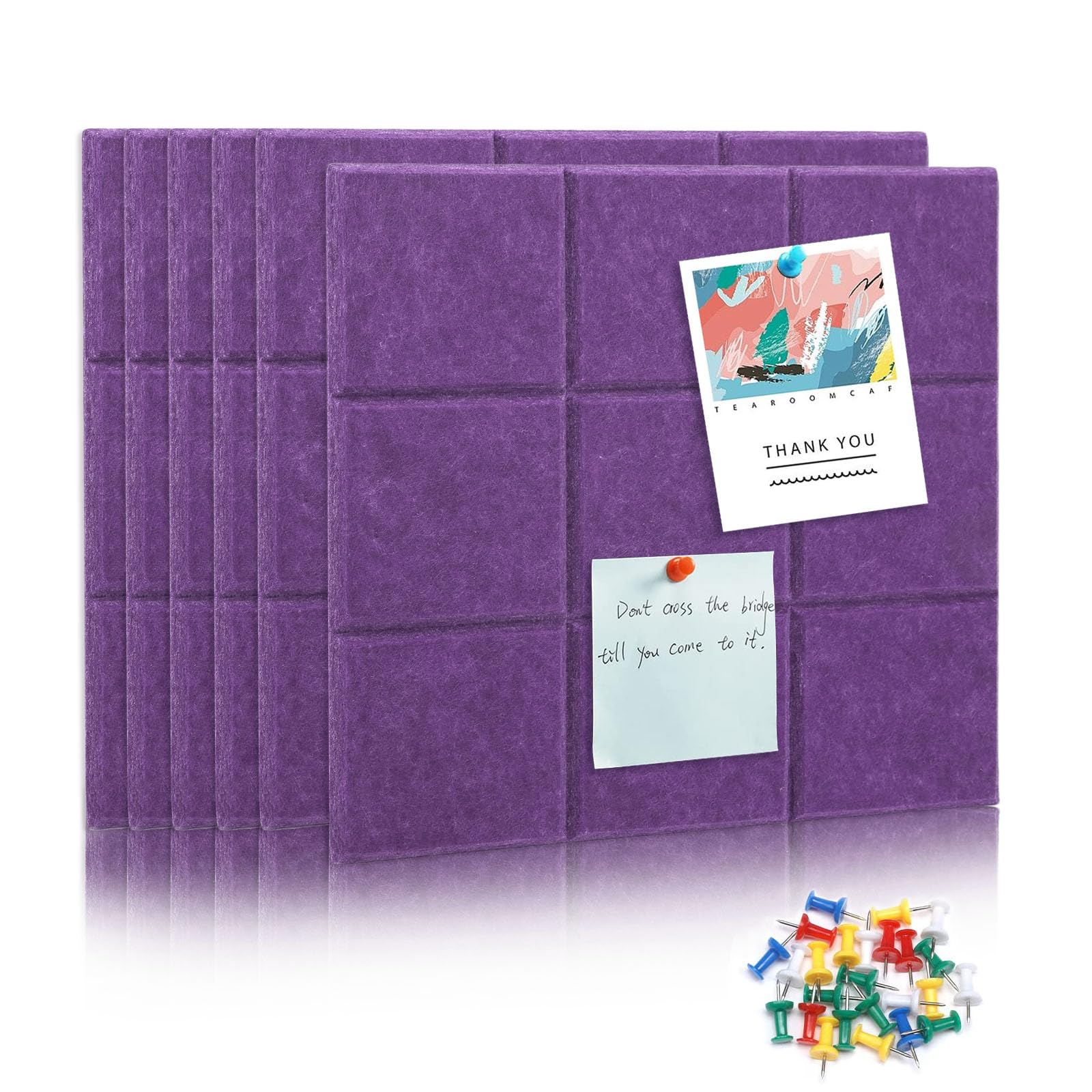 Photo 1 of 6 Packs Purple Cork Board Felt Board Tiles, Bulletin Board 12"X12" with 30 Push Pins, Felt Board for Home Kitchen Office Decor, Self-Adhesive Corkboard Tiles for Walls School Message Display Board