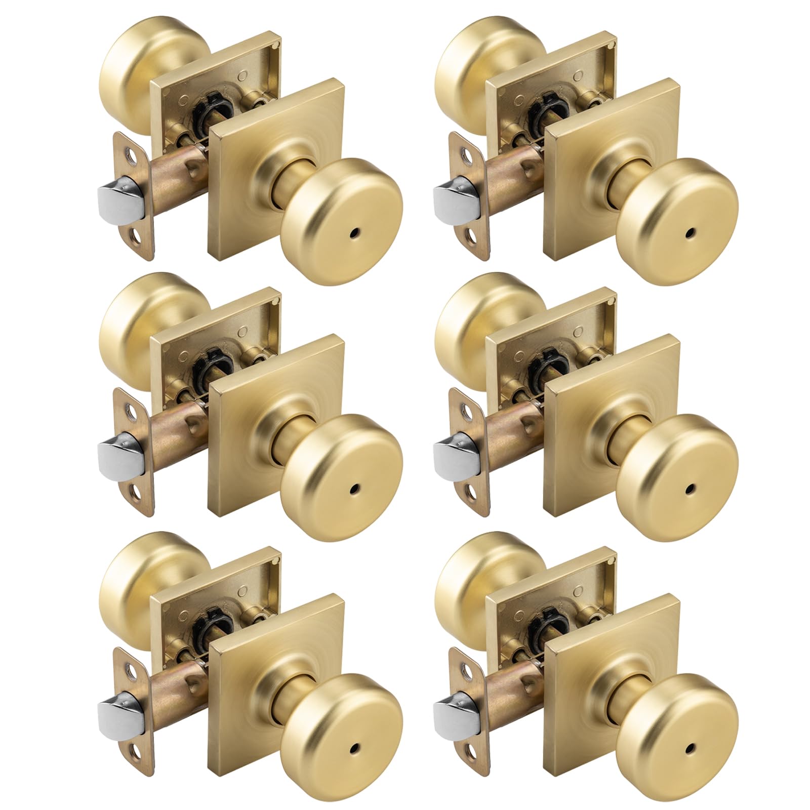 Photo 1 of NCSEN 6 Pack Interior Door Knobs for Bath & Bed, Pismo Doorknob Turn Lock with Square Rosette, Satin Brass Door Knob with Lock