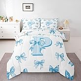 Erosebridal Personalized Initial Letter P Full Comforter for Kids Teen Women,Cute Blue Bow Bedding Set for Girls Princess Bedroom Decor,Unique Chic Bowknot Alphabetic P Comforter Set Kawaii Quilt