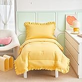 4 Pieces Yellow Toddler Bedding Set with Ruffle Fringe, Solid Color Toddler Bed Set - 1 Toddler Comforter + 1 Fitted Sheet +1 Flat Sheet +1 Pillowcase for Baby Boys and Girls