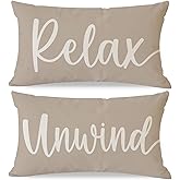 HERHOME Decorative Throw Pillow Covers 12x20 Inch Set of 2 Relax Unwind Beige Outdoor Farmhouse Front Porch Patio Decor Neutral Lumbar Cushion Case Decoration for Home Sofa Couch Living Room
