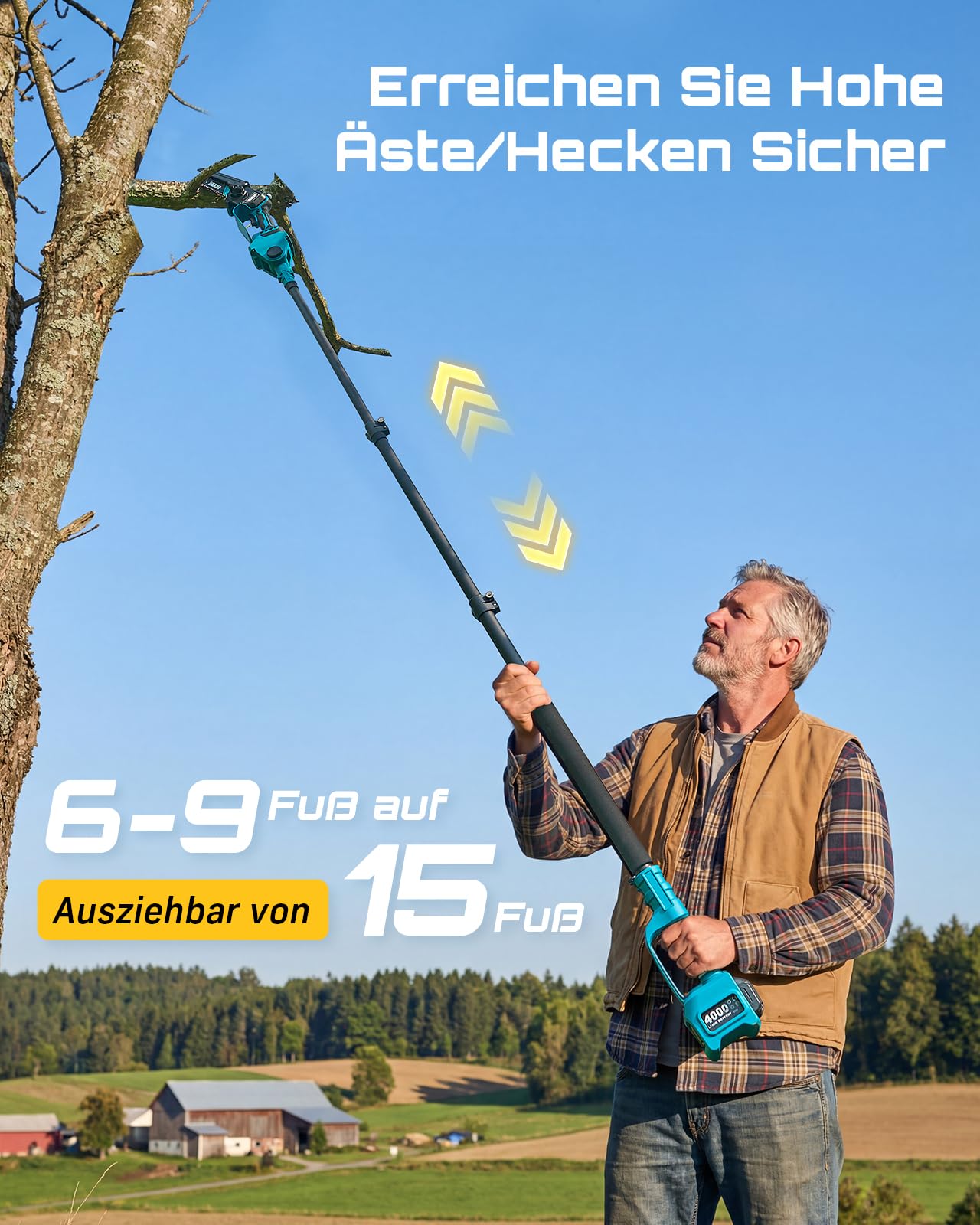SEESII 6-in-1 Mini Kettensäge & Akku Heckenschere Set, Hochentaster mit 2 * 4000mAh Akkus, Maximale Reichweite bis zu 4,57m, Geeignet für Gartenpflege und zum Holzfällen 3