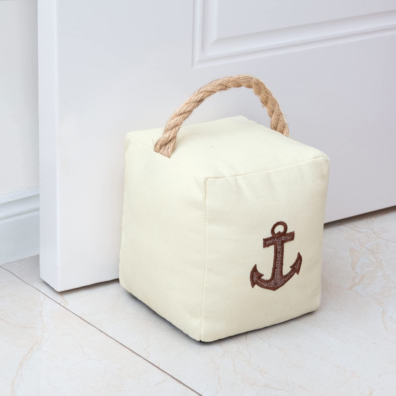 Marwood Fabric Door Stopper Decorative Door Stops for Home and Office, 1.5kg Weighted Interior Doorstop Heavy Duty Soft Door Stopper with Handle and Nautical Anchor Design - 13x15cm Beige