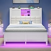 Rolanstar Bed Frame Twin Size with Charging Station, Bookcase Headboard Bed with LED Light and Sliding Doors, Platform Bed with Wooden Slats, No Box Spring Needed, Noise Free, White