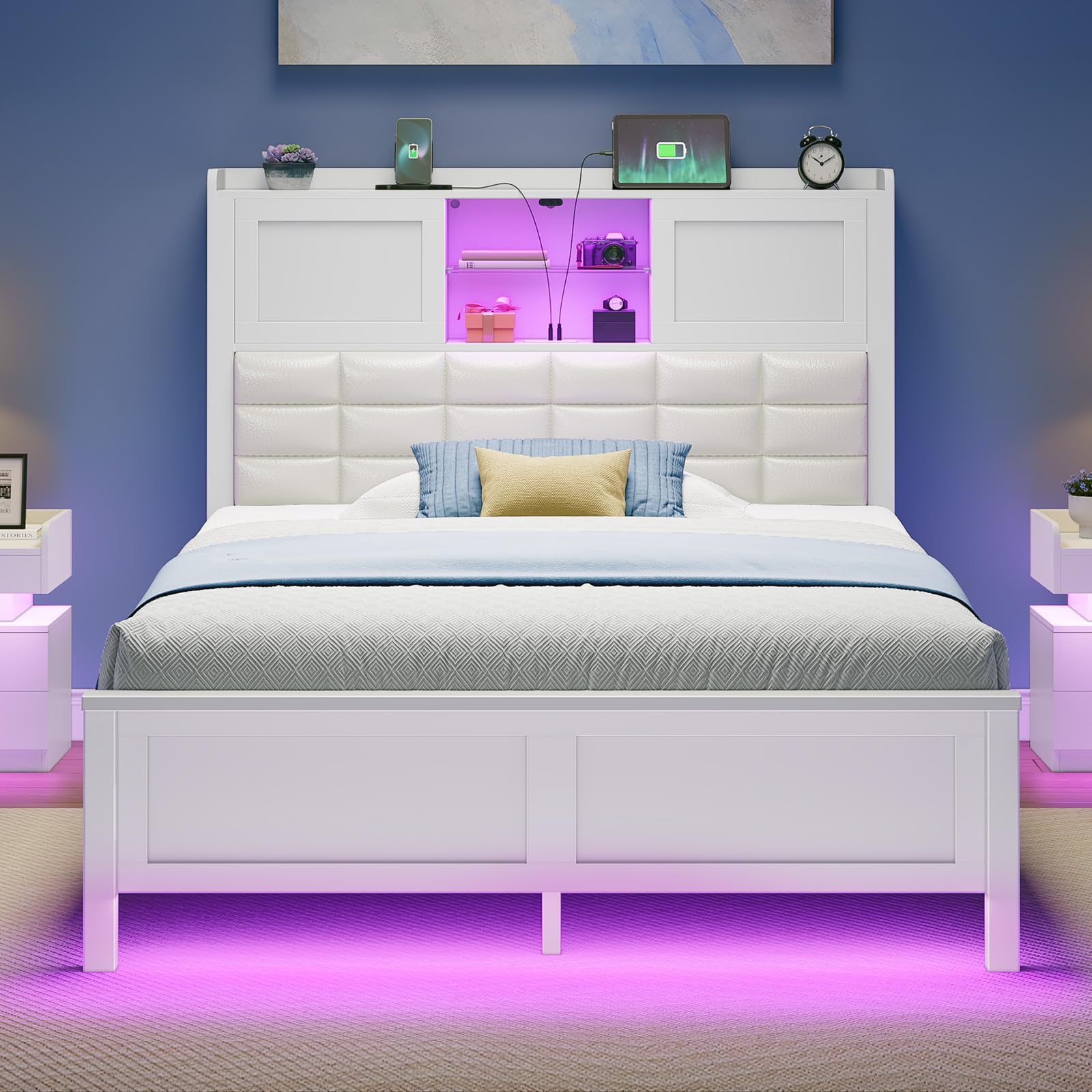 Photo 1 of ***MISSING HARDWARE*** Rolanstar Bed Frame Twin Size with Charging Station, Bookcase Headboard Bed with LED Light and Sliding Doors, Platform Bed with Wooden Slats, No Box Spring Needed, Noise Free, White