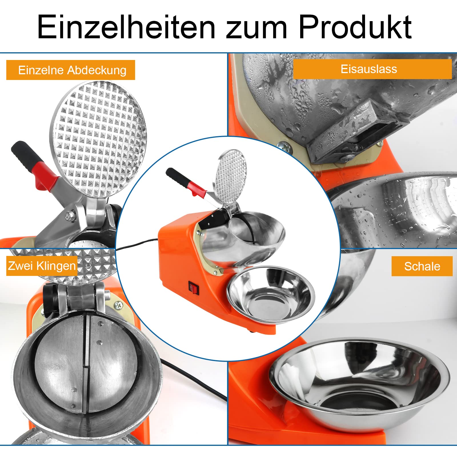Elektrischer Ice Crusher, 300W Eiszerkleinerer 80kg/h,Doppelmesser Eiscrusher, Doppelmesser Eiscrusher,Smoothie Maschine für Restaurants, Bars, Partys (Orange) 5