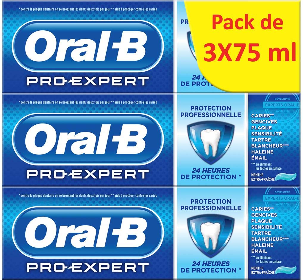 Oral-B Pro-Expert Dentifrice Protection Professionnelle, 24 H de Protection, Combinaison Unique de Fluor et Ingrédients Actifs, Lot de 3x75 ml