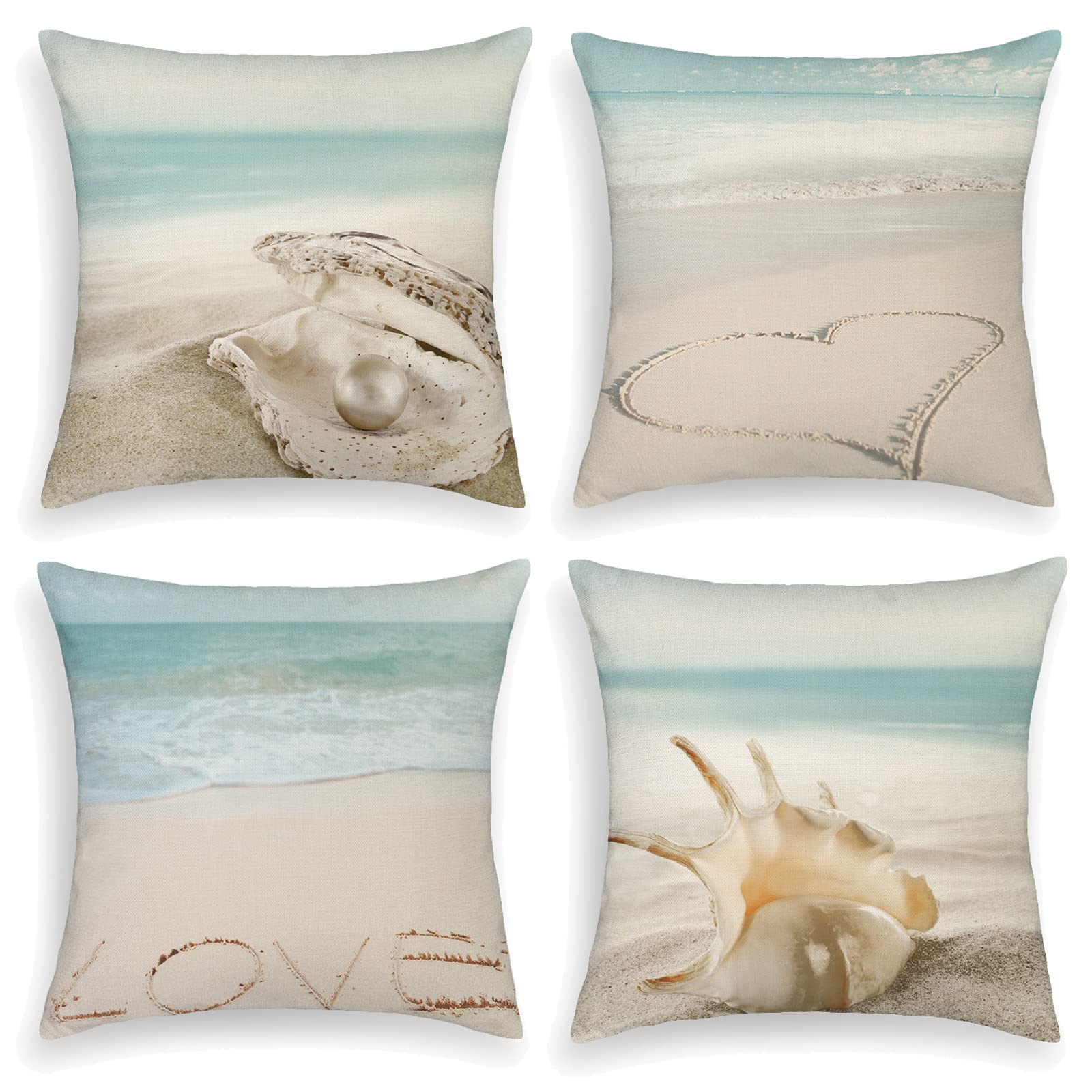 OCEUMACO Linen Cushion Covers 45 x 45 cm for Sofa Bedroom Set of 4 Square Seaside Sand Throw Pillow Cases 18x18 Inches Outdoor Love Ocean Beach Soft Pillowcases Cushions Cover - Aqua Green