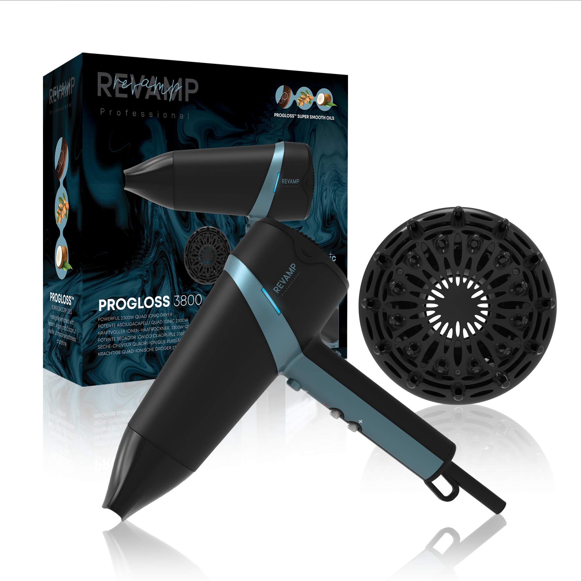 REVAMP Progloss Quad Ionic 3800 Hairdryer - Lightweight, Portable Hairdryer with Concentrator and Volumiser Attachment, Infused with Super Smooth Oils for Salon Enhanced Shine - Black/Blue