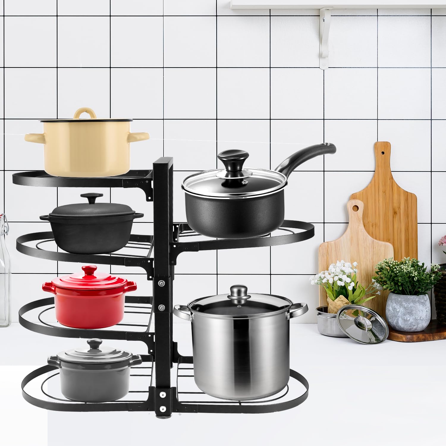 QWORK® Pots and Pans Organizer, 6 Tier Pan Organiser for Cupboard, Adjustable Saucepan Storage Rack, for Kitchen Countertops, Cabinet, Black