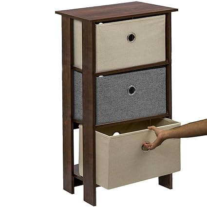 Klaxon Protea Wooden Table Storage Cabinet with 3 Fabric Drawer Chest - Walnut with Grey & Cream