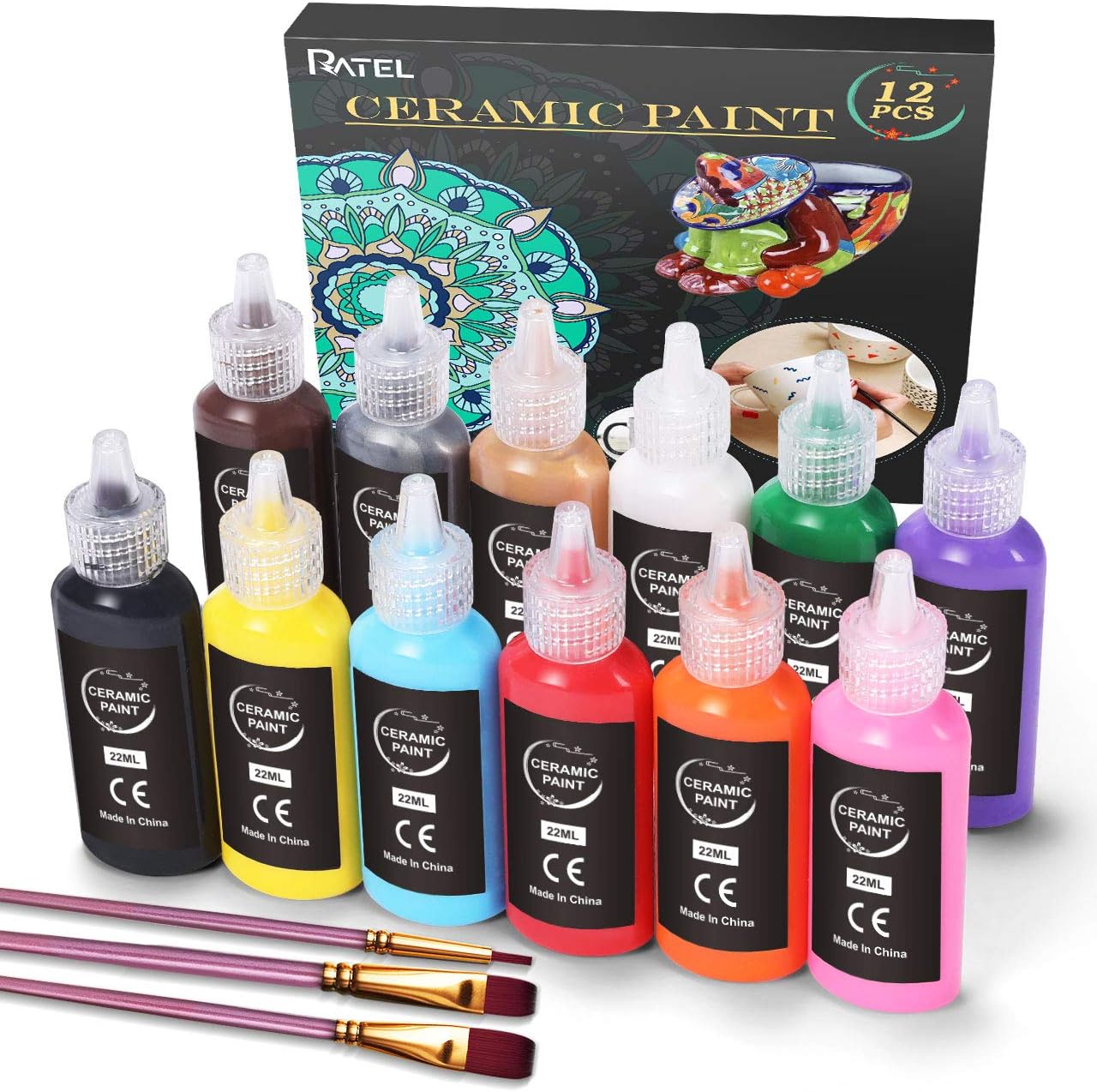 Ratel Ceramic Paint Set: 12 x 22ml Water Resistant Porcelain Paint with 3 Brushes, Ideal for DIY Mugs Cups, Plates