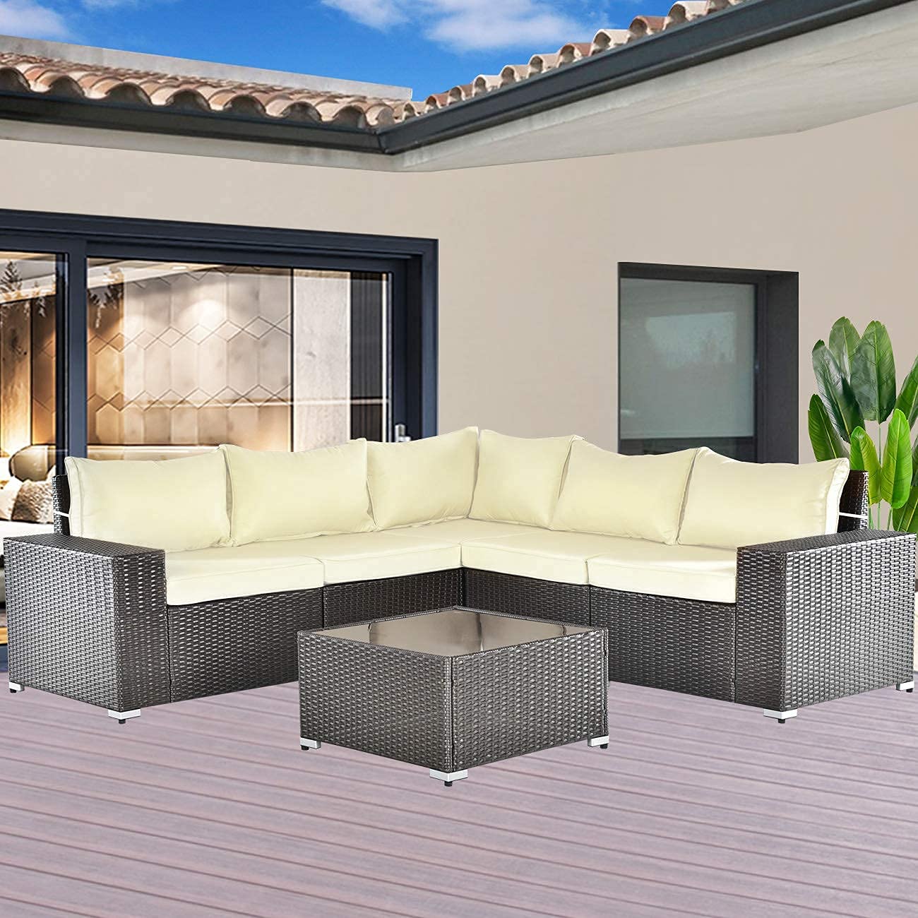 Gotland All-Weather 6 Pieces Patio Furniture Sets Rattan Outdoor Sectional Sofa Handwoven Wicker Patio Dining Conversation Set with Table & Cushions(Dark Brown PE Wicker,Beige Covers)
