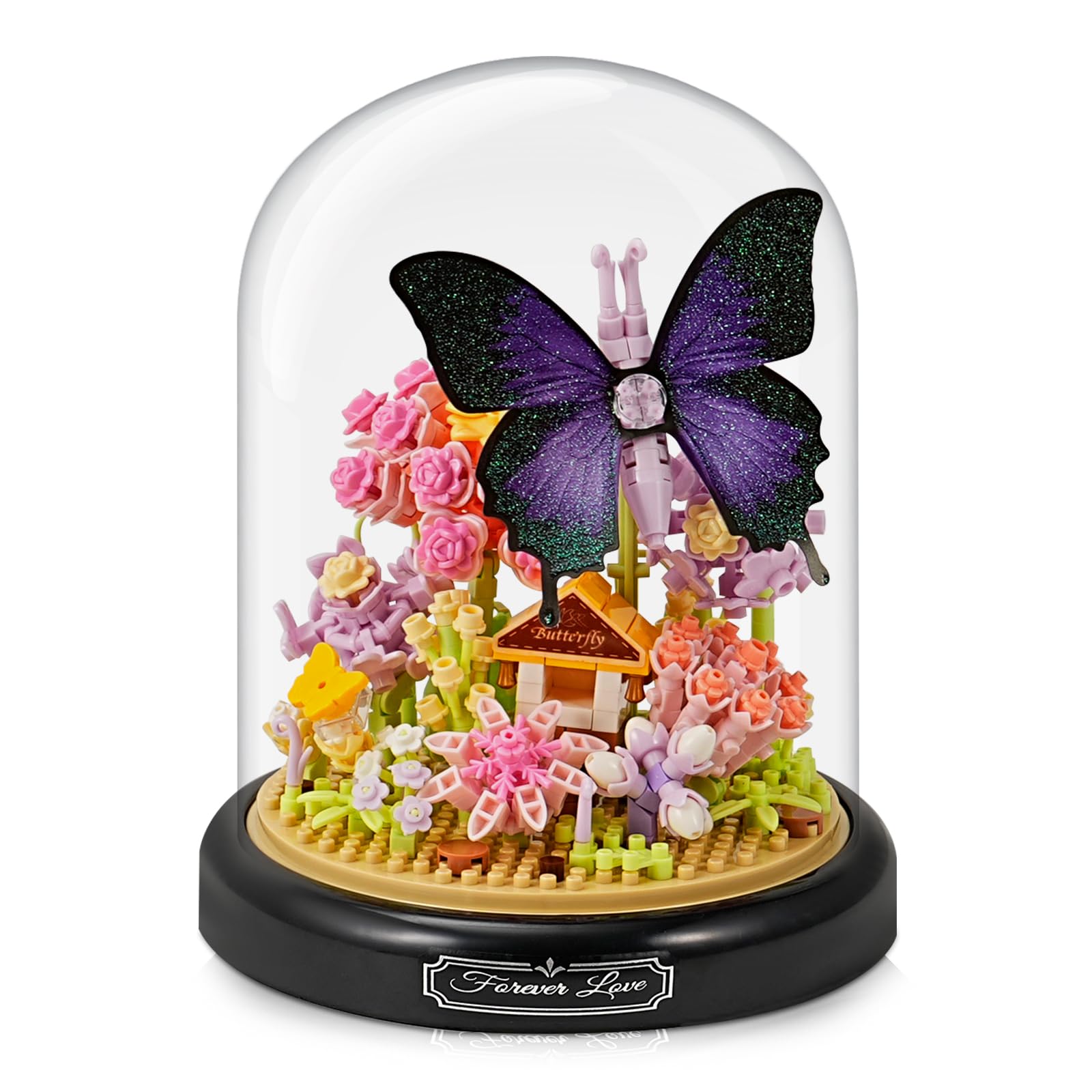 Mini Animals Flower Building Set - 582 Pcs Building Blocks with Transparent Cover, Butterfly Kit Building Blocks, Flower Garden Block Den Building Kit (Purple Butterfly)