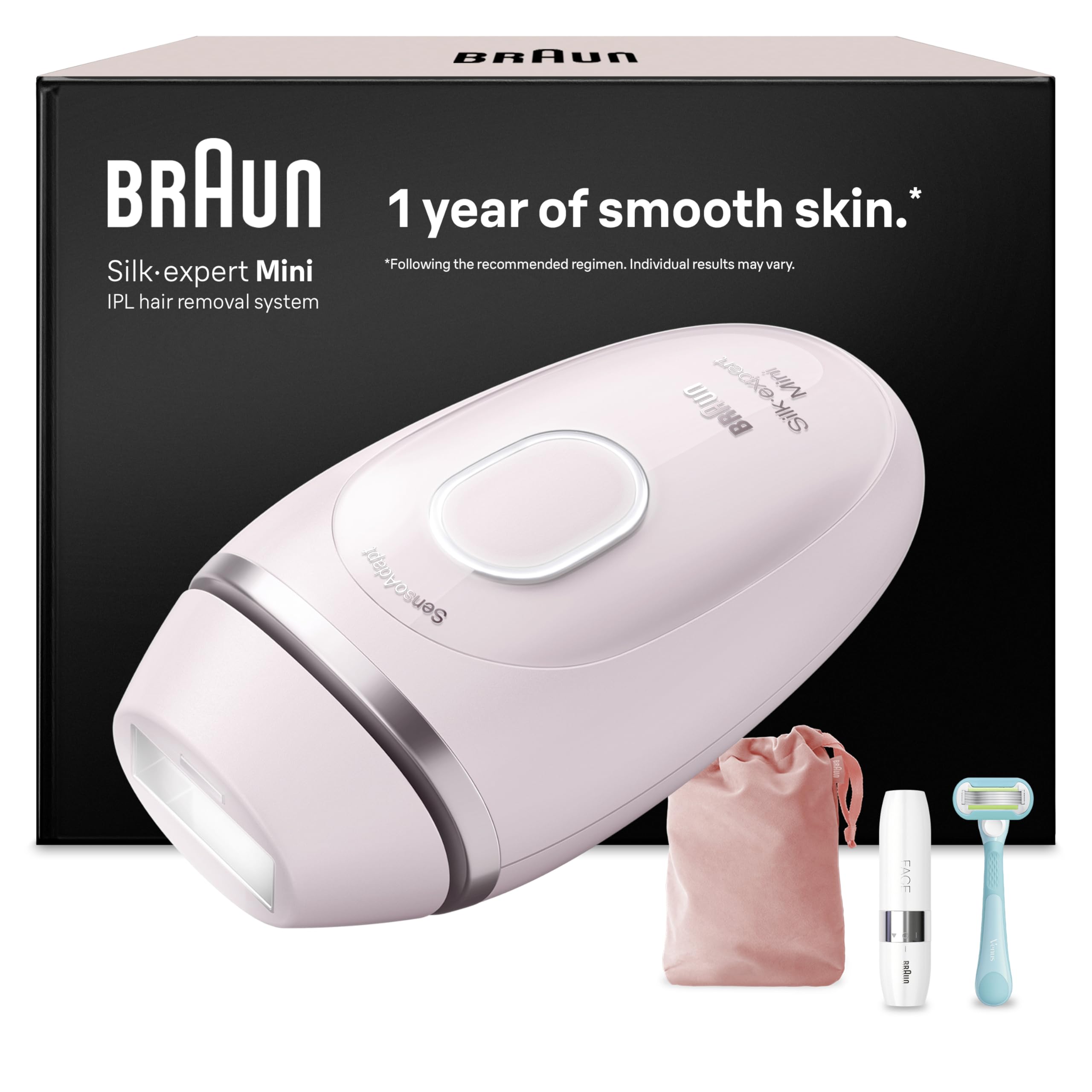 Braun Smart IPL Geräte Haarentfernung Silk·expert Mini — Dauerhafte Laser Haarentfernung für Zuhause, Designed in Germany — Inkl. Etui, Gesichtstrimmer und Gillette Venus Rasierer — PL1112, Rosa