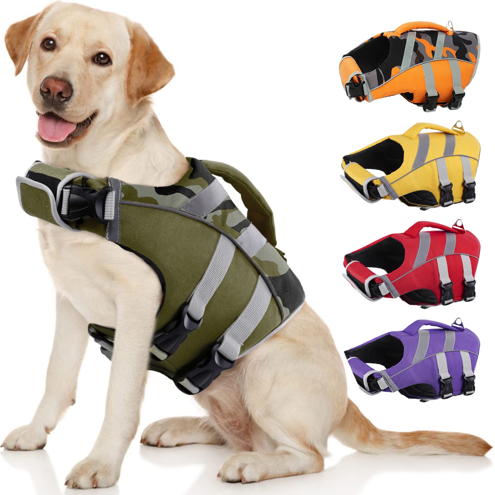 Photo 1 of Kuoser Dog Life Jacket with Reflective Stripes - Adjustable High Visibility Vest, Ripstop Lifesaver, Pet Preserver with High Flotation Swimsuit for Small, Medium and Large Dogs