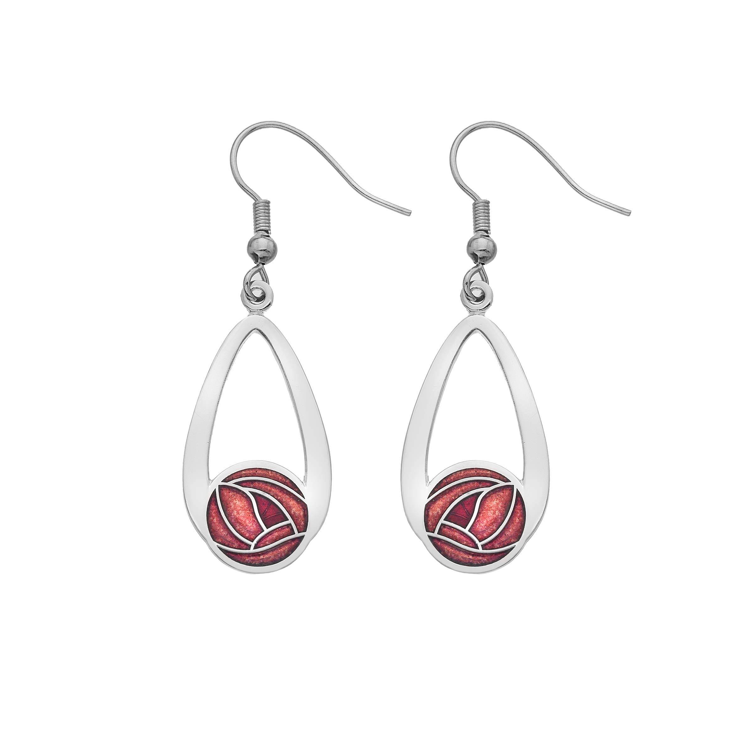 Rennie Mackintosh Inspired Round Rose, 25mm Teardrop Hook Earrings