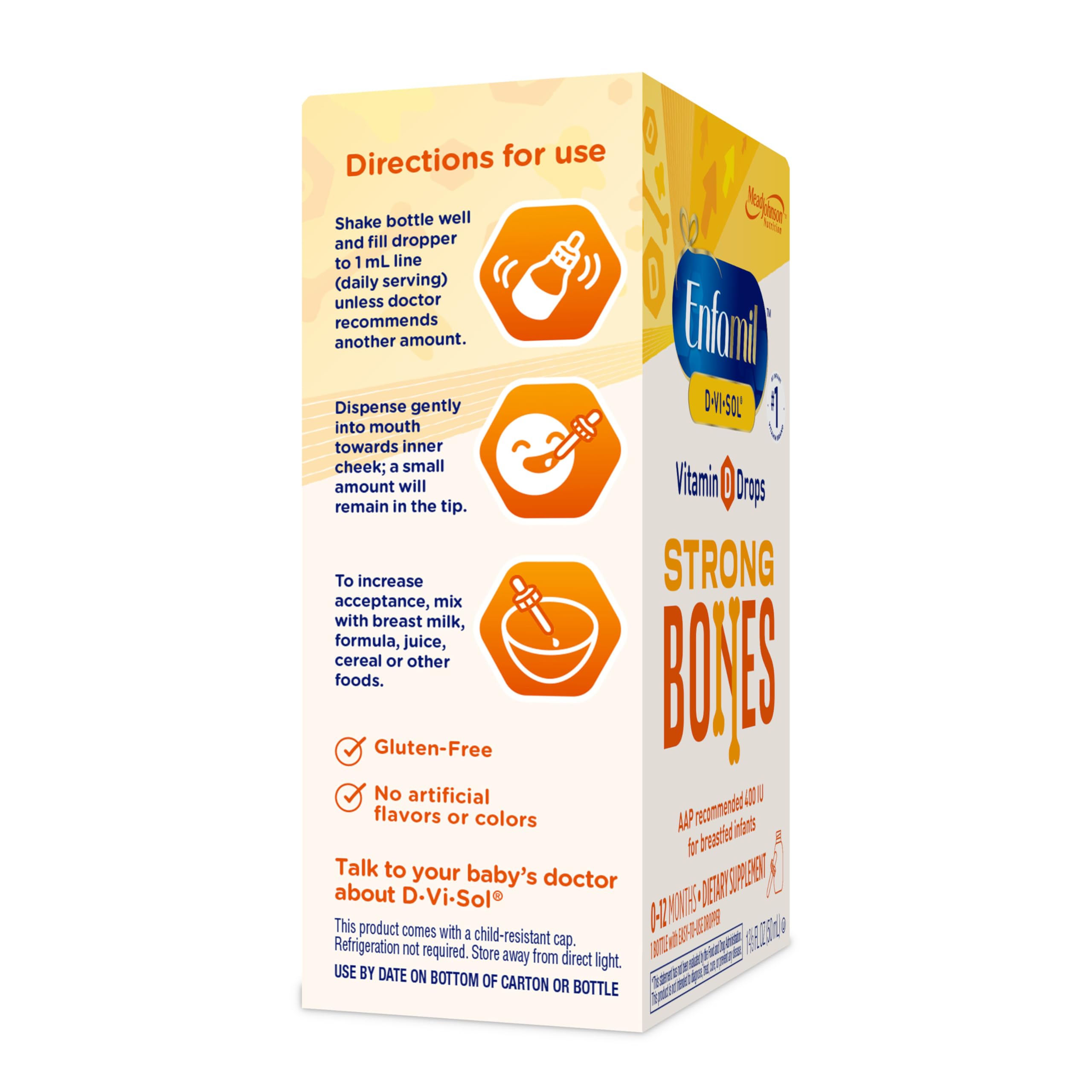 Enfamil Baby Vitamin D-Vi-Sol Liquid Supplement Drops for Infants, Supporting Strong Teeth & Bones in Newborn Babies, Easy-to-Use, Gluten-Free, 50 Day Supply, Dropper Bottle