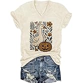 Halloween V Neck Shirts for Women Fall Pumpkin Short Sleeve T-Shirts Funny Thanksgiving Graphic Tees
