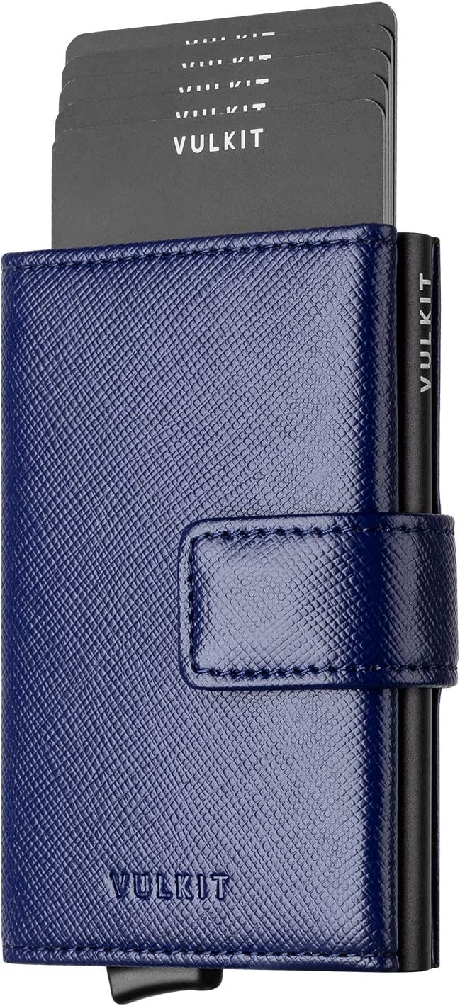 VULKIT Credit Card Holder RFID Blocking Pop Up Leather Slim Mens Women Wallet with Banknote Pockets & Magnetic Closure