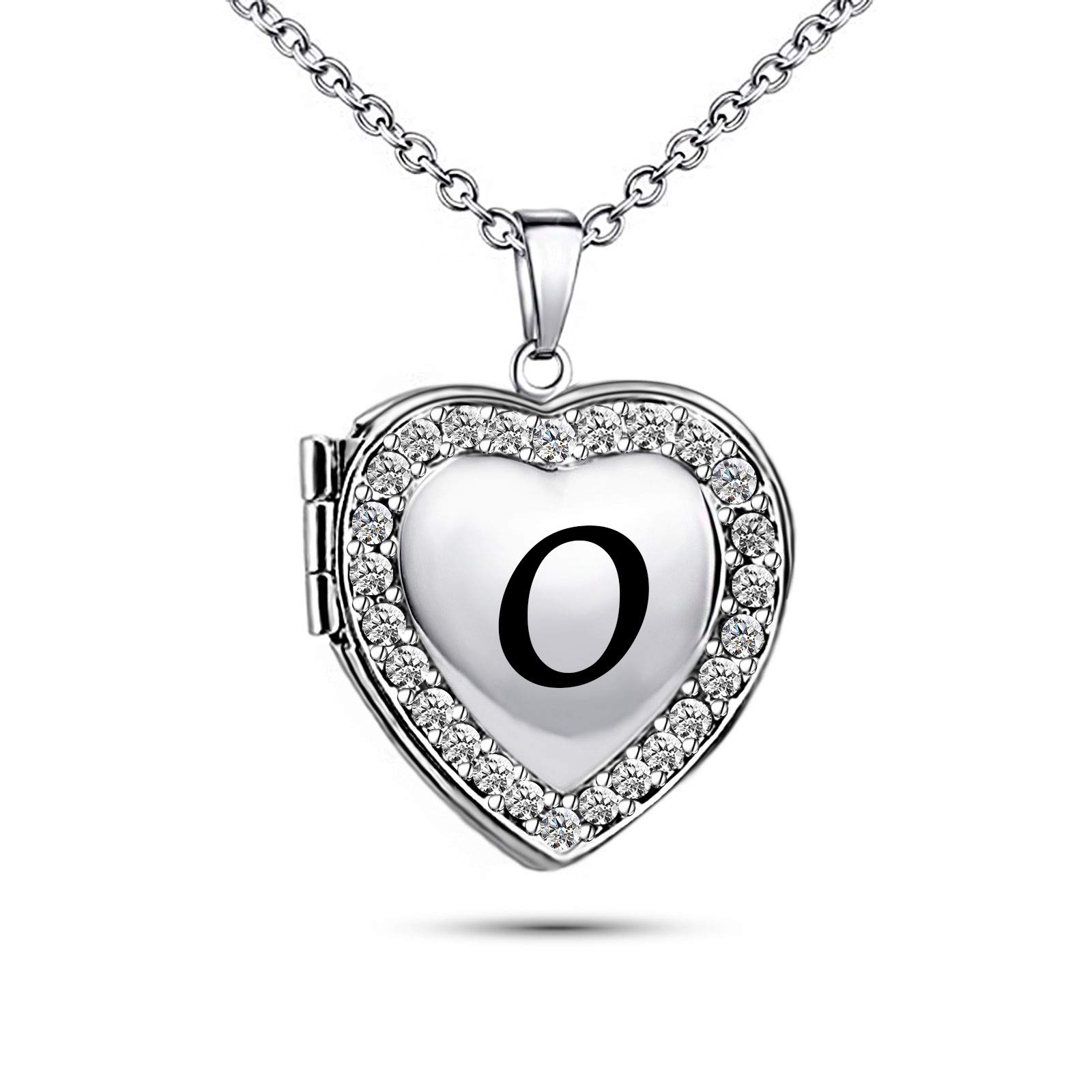 KunBead Jewelry 20 inch Letter O Personalised Initial Necklace Engraved Heart Photo Picture Silver Locket Necklace