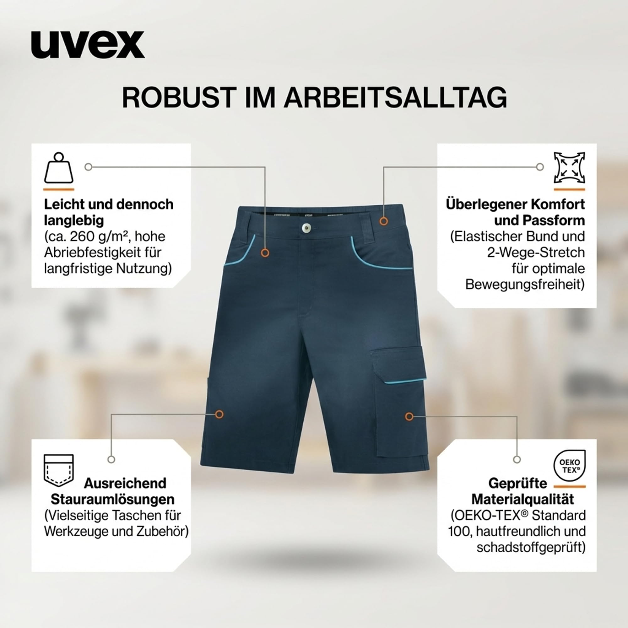 Uvex Tune-up Light Arbeitsshorts Herren – Leichter 2-Wege-Stretch - Bermuda - Nachtblau-türkis Gr 54 4