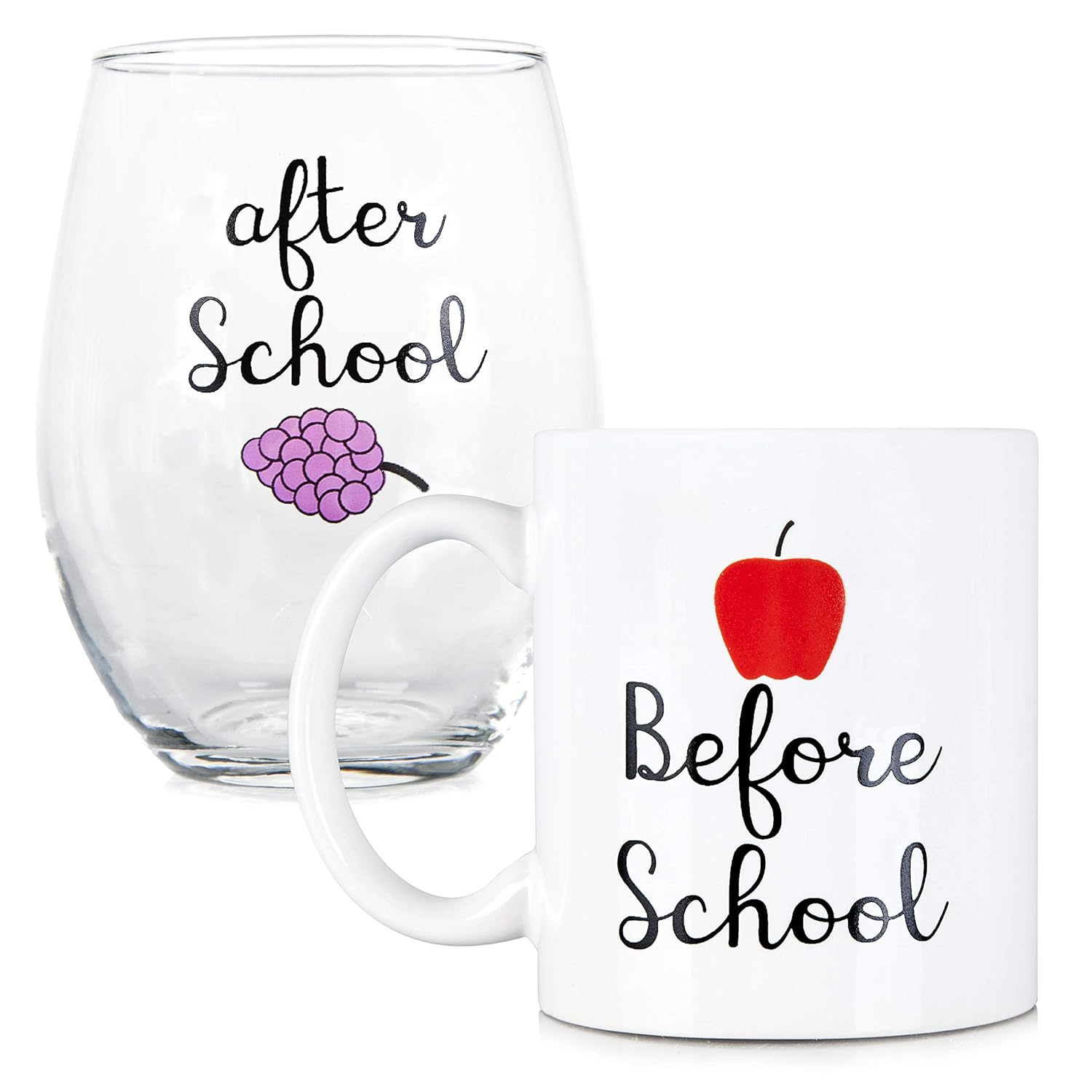 Before School, After School Coffee Mug and Stemless Wine Glass Set - Gift for Teachers and Professors - 11 oz Coffee mug - 15 oz wine glass