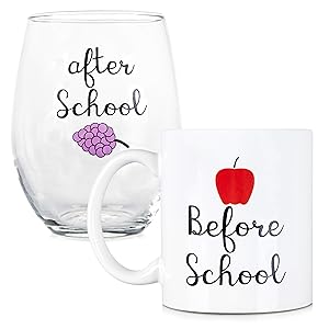 Before School, After School Coffee Mug and Stemless Wine Glass Set - Gift for Teachers and Professors - 11 oz Coffee mug - 15 oz wine glass