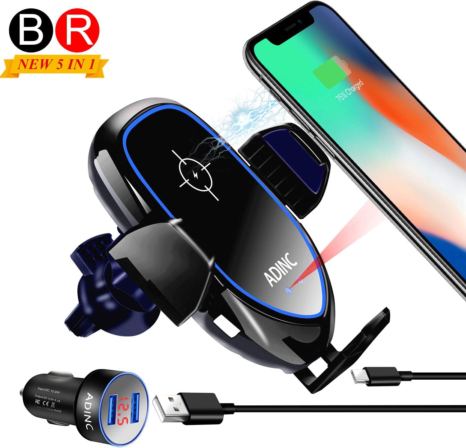 Qi Wireless Car Charger Mount - Fast Charger Air Vent Phone Holder Infrared Auto Clamping/Dual USB Port Adapter/Aromatherapy Box Fit iPhone XS MAX/XR/X/8 Plus, Samsung S 9/8/7 Note 8/9 etc (15W,Black)