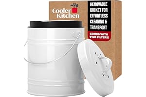 Cooler Kitchen 3 Liter White Countertop Compost Bin - Kitchen compost bin with EZ-No Lock Lid, Plastic Liner & Charcoal Filte