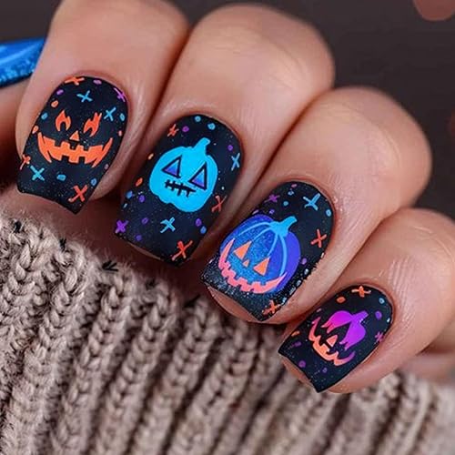 30Pcs Halloween False Nails Short Square - Matte Black Blue French Press on Nails - Pumpkin Grimace Fake Nails - Full Cover Acrylic Stick on - Elegant Reusable Glue on Nails for Women Girls