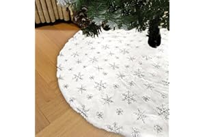 AOGU 60 Inch Sequin Faux Fur Christmas Tree Skirt Decoration for Merry Christmas Party White Plush Silver Sequin Snowflake Xmas Christmas Tree Skirt Decorations