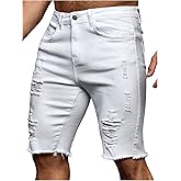 Verdusa Men's Jean Shorts Straight Leg Ripped Raw Trim Denim Shorts Slim Fit Stretch Jorts