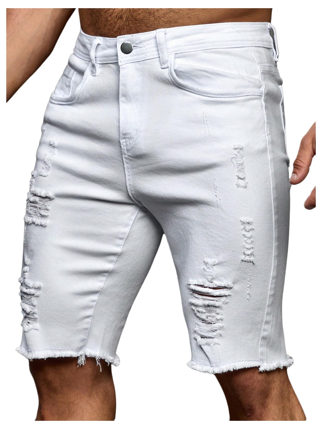 Photo 1 of Verdusa Men's Jean Shorts Straight Leg Ripped Raw Trim Denim Shorts Slim Fit Stretch Jorts White Large